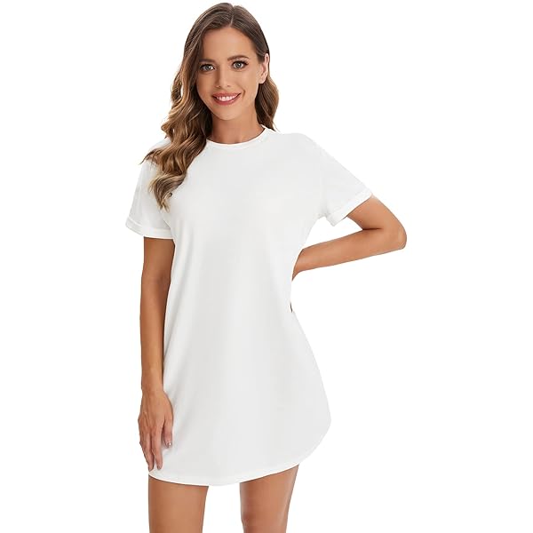 Womens Tee Shirt Dress Crewneck Short Sleeve Slit Hem Tee