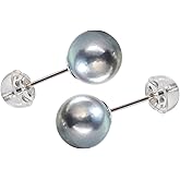 Nacréliser Akoya Pearl Stud Earrings, Natural Seawater Cultured Pearl,925 Sterling Silver, Round Akoya color is silver gray, Hypoallergenic Classic Minimalist Jewelry for Women