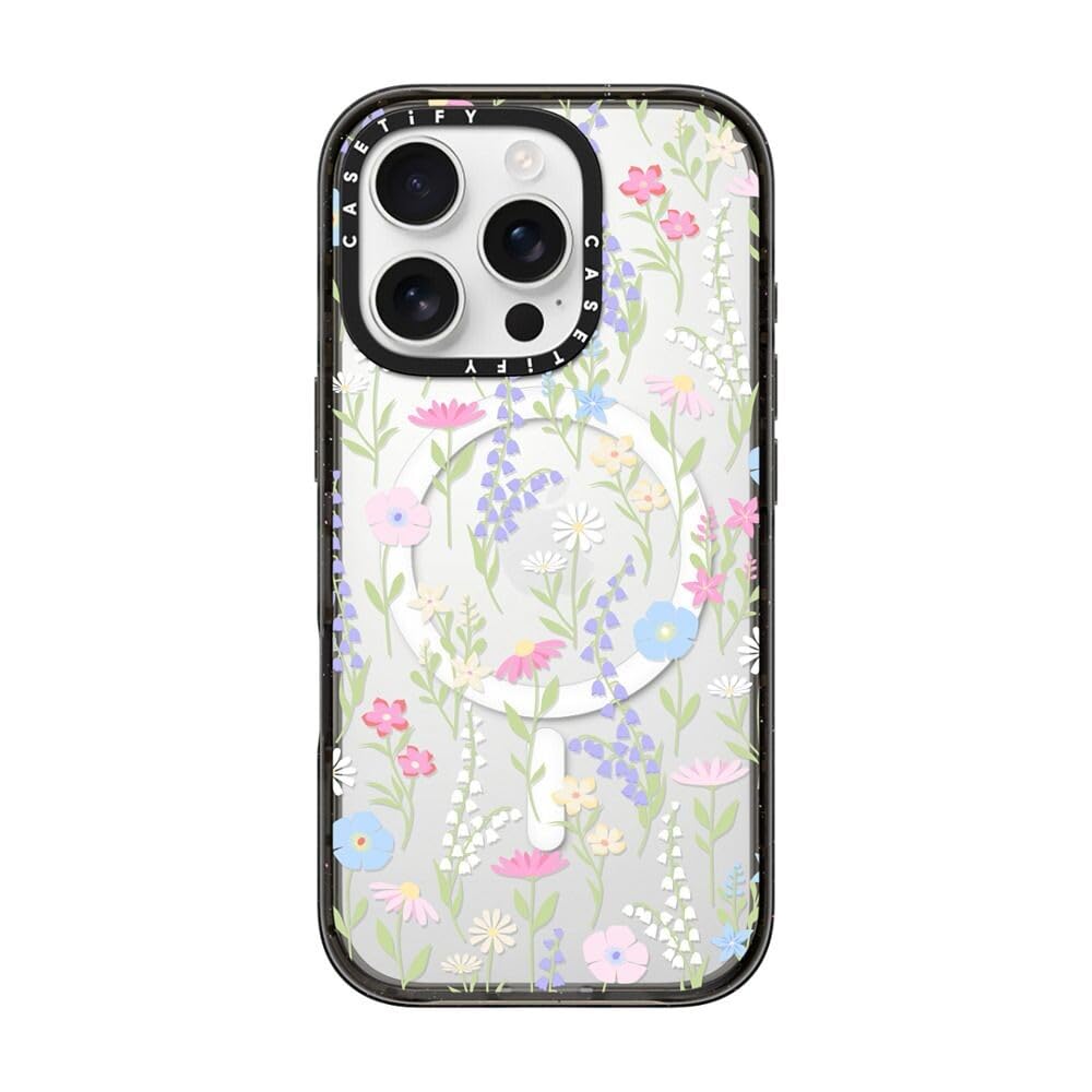 CASETiFY Impact iPhone 16 Pro Case [Slim / 8.2 ft. 4X Military Grade Drop Protection/Compatible with Magsafe] - Pink Pastel Cute Floral - Clear Black