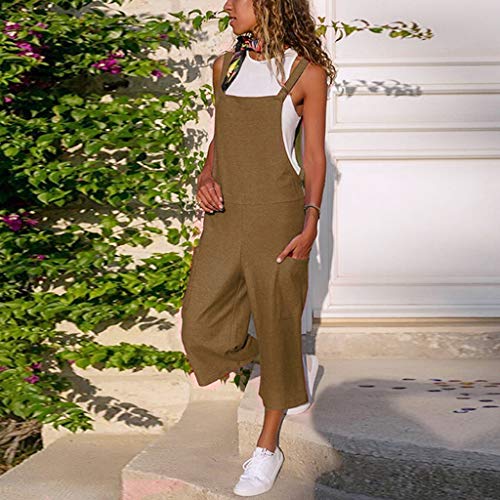 Toimothcn Women's Casual Jumpsuits Overalls Baggy Bib Pants Plus Size Wide Leg Rompers(Brown,M)