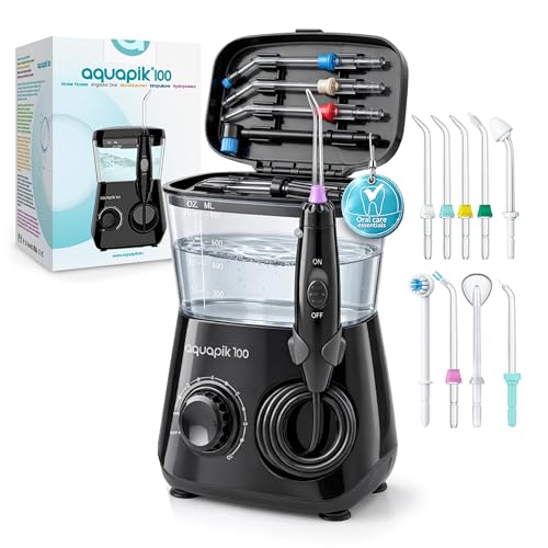 Aquapik 100 professionelle Munddusche mit 600-ml-Wassertank, 10 Druckstufen und 8 Aufsätzen, für Zahnspangen, Implantate, empfindliches Zahnfleisch un