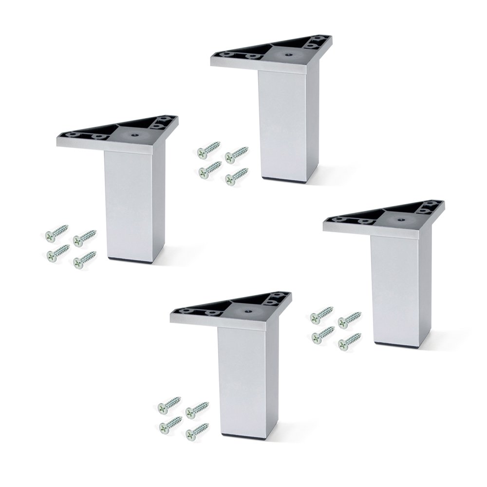 Emuca - Plastic Furniture Feet with Fixing Screws for Cabinet/Wardrobe/Sofa, Silver Painted, 120 mm Height, Set of 4 Piece
