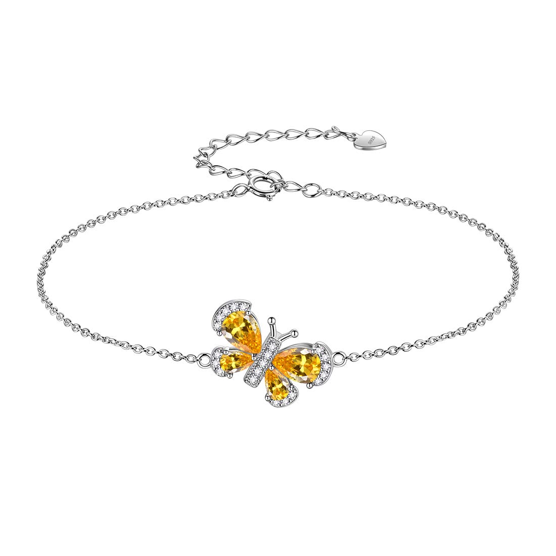 Aurora Tears Yellow Butterfly Bracelets Women 925 Sterling Silver Animal Butterflies November Birthstone Citrine Link Adjustable Bracelet Crystal Wedding Birthday Jewelry DB0115N
