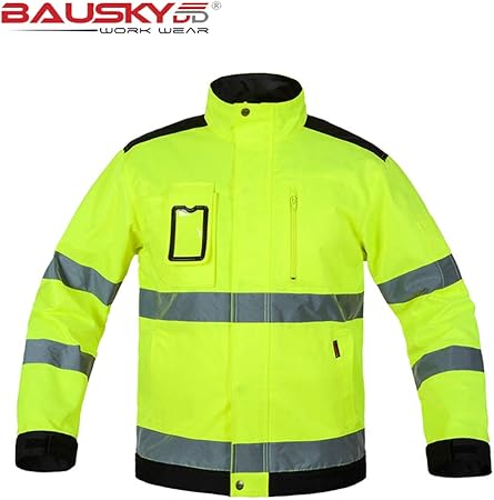 Mens Outdoor High Visibility Reflective Work Jacket Hi-Vis Lime Green Fluorescent Yellow Safety 