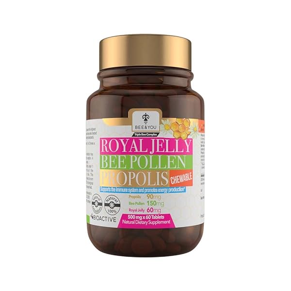 BEE AND YOU ROYAL JELLY + PROPOLIS + BEE POLLEN CHEWABLE TABLETS – HIGH POTENCY – NO ARTIFICIAL FLAVOR/PRESERVATIVES – NO ADDED SUGAR- NO SOY/MILK/GELATIN/GMO/GLUTEN, 500 MG X 60 TABLETS