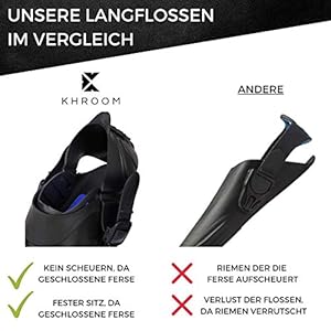 Khroom® Flossen Erwachsene mit gelenkschonendem Design | Gr.36-47 | Schnorchelflossen kurz mit Tasche zum umhängen | verstellbare Schwimmflossen | Kurzflossen zum Schwimmen Flossen kurz (S/M 36-41) 2 Schnorchelmasken 51mTVp31XPL. SS300 Die Gestaltung der Kurzflossen ermöglicht einen natürlichen Fußschlag beim Schwimmen & reduziert deutlich die Belastung auf Knie & Gelenke.
Die Fußmuschel mit verstellbarem Fersenband kombiniert die geschlossene und verstellbare Ferse. Kein Verrutschen oder Verlieren der Flossen mehr. Justiere deine Schwimmflossen nach deinen Bedürfnissen. Universell für Erwachsene & Kinder
In Punkto Verarbeitung & Qualität steht den Schwimmflossen nichts nach. Kein minderwertiges schweres Silikon wie Vergleichsprodukte.