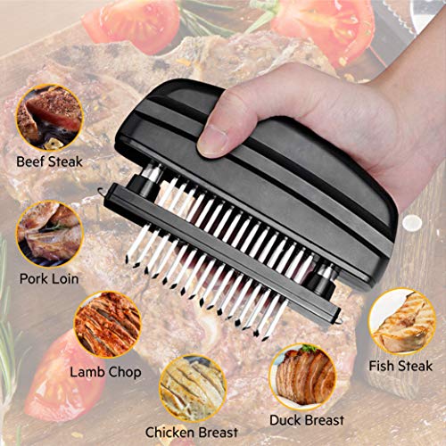 Elabo Kitchen Meat Tenderizer Sets - Heavy Duty Manual Hammer Mallet Tool and Meat Tenderizer Needle Tool with 48 Stainless Steel Sharp Blades For Steak, Chicken, Fish, Pork, Beef, Veal