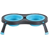 Dexas Pets Elevated Double Pet Feeder, Small, 1 Cup Capacity Bowls, Blue, Raised Pet Food and Water Bowls