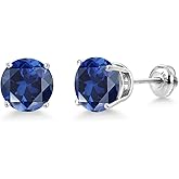 Gem Stone King 14K White Gold Blue Created Sapphire Stud Earrings for Women | 5.00 Cttw | Gemstone September Birthstone | Round 8MM