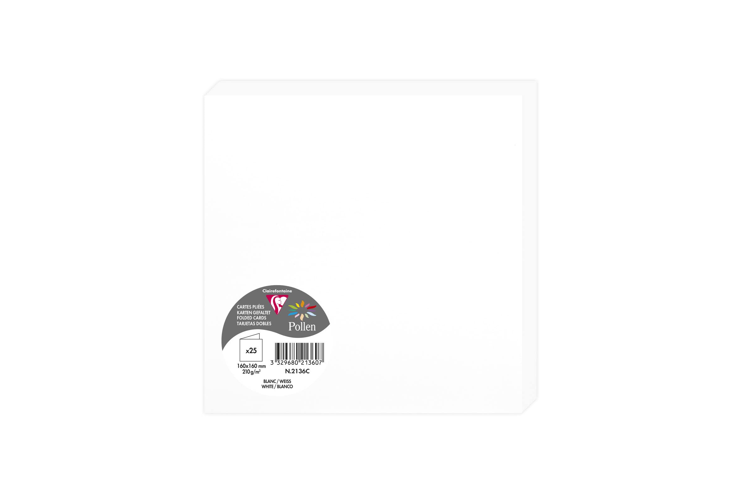 Clairefontaine 2136C Pack of 25 Double Cards Square Format 16x16cm 210g/m² White Colour Invitation and Correspondence Cards Pollen Range Smooth Premium Paper