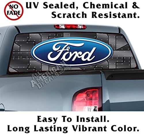 All American Decals - Non-Lam Ford Black Riveted Metal Back Window Graphic Decal Sticker Car Truck SUV Van - Non-Laminated - 65x20