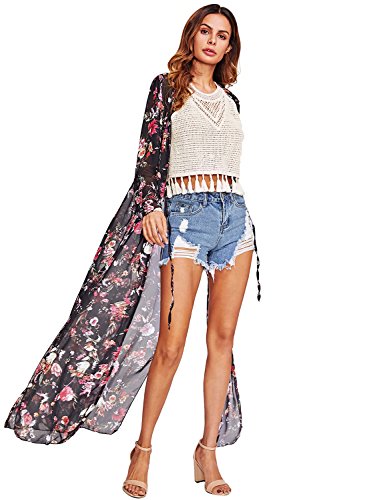 SOLYHUX Women's Casual Floral Chiffon Kimono Cardigan Blouse Beach Cover Up Multicolor S - Thumbnail 4