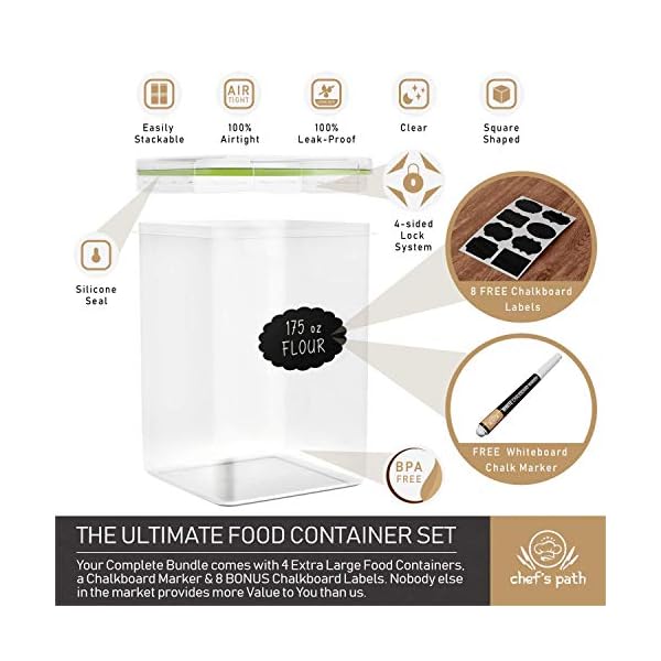 Chef's Path Kitchen Storage Box Set of 4 Extra Large Airtight Food Storage Jars for Sugar Flour Cereal Rice - Measuring…