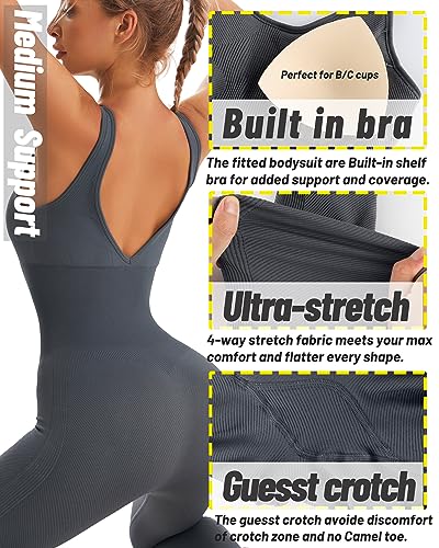 RUNNNG GIRL JUMPSUITS FOR WOMEN WORKOUT TUMMY CONTROL JUMPSUIT ONE PIECE WORKOUT OUTFITS RIBBED UNITARD BODYSUIT(CK2943 GREY S)