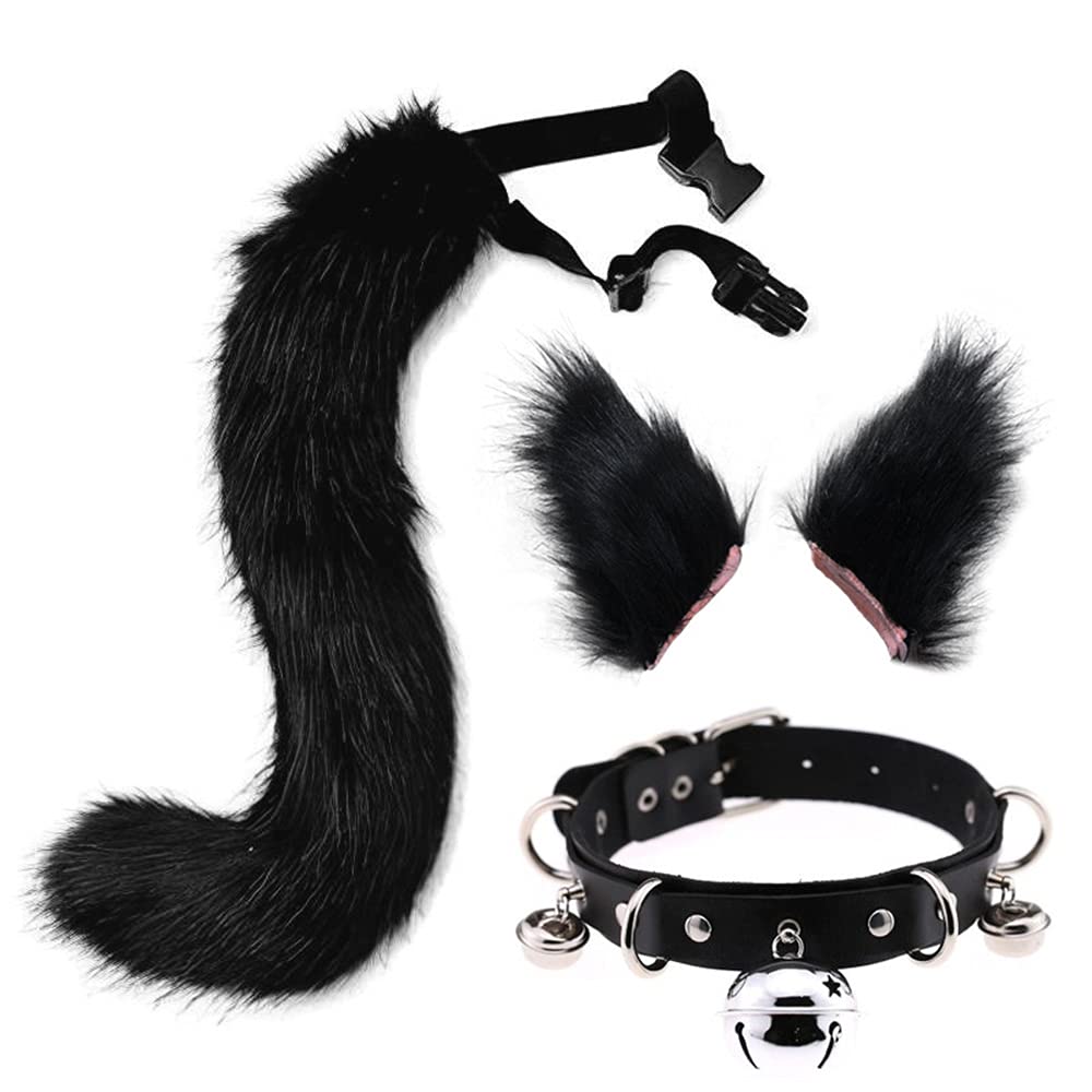 Kitahome Tail and Ears Set, Long Fox Tail Cosplay Faux Fur Furry Fox Wolf Tail Kit with Ears and Bells Collar for Kids, Girls, Boys, Teen, Women, Children, Party (25.6inch/65cm) (Black)