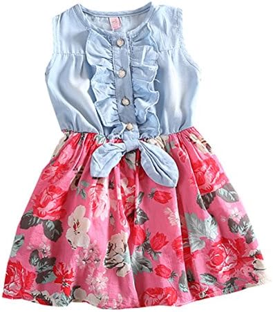 Gaundiif Little Girls Dresses Sleeveless Denim Floral Print Skirt Princess Dress