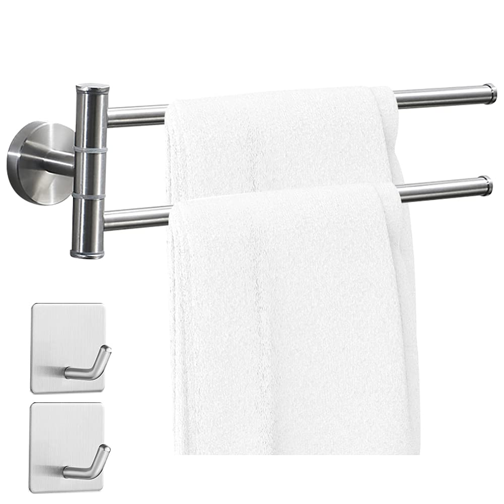 Gohytal Towel Rail Two Arms Brushed Stainless Steel Towel Rail Two Arms Wall Mounted Bathroom Double Arms 180° Rotation Bath Towel Holder 35 cm Towel Rack for Bathroom / Kitchen with Hooks