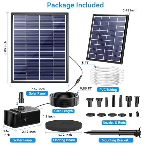 POPOSOAP 6.5W Solar Fountain Pump for Bird Bath Built-in 3000mAh Battery Backup, DIY Solar Water Fountain with Double-Layer Nozzles & Dry-Run Protection 5Ft Tubing for Ponds, Bird Bath, Water Features