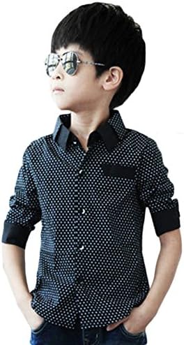 MowMee Little Boys' Casual Button Down Long Sleeve Dotted Print Shirt (150(7T), Black)