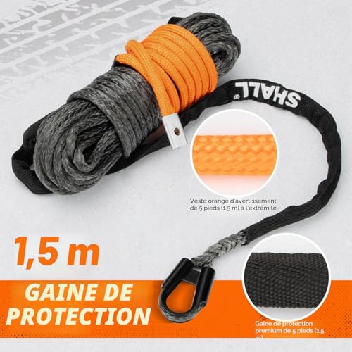 Shall Towing Straps & Ropes, Synthetic Winch Rope 1/4" x 50' (7.6mm x 15m), 5 Ton (10,000 LB), with Protective Sleeve, Forged Winch Hook and Safety Strap