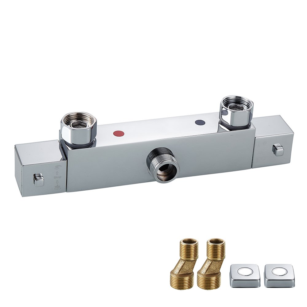 Square Thermostatic Shower Bar Mixer Valve Taps Chrome Bathroom Twin Outlet TOP 3/4" BSP (25mm),Bottom 1/2" BSP (21mm)