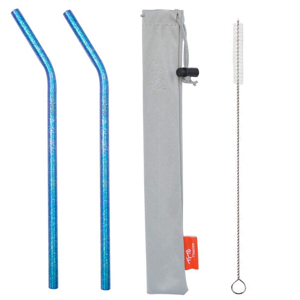 TiTo 2Pcs Titanium Metal Straw Reusable Colorful Ultralight Drinking Straws with Cleaning Brush and Bag for Smoothie, Milkshake, Cocktail and Hot Drinks(Blue,Bent)