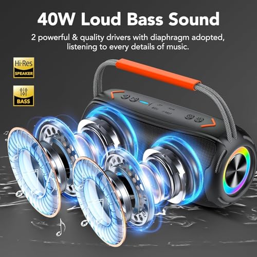 Portable Bluetooth Speaker with Handle, 40W Powerful Stereo Sound with Dual Bass Drivers, RGB Lights, IPX7 Waterproof, 30H Playtime, TWS Pairing/AUX/TF, Wireless Speaker for Party/Outdoor/Travel