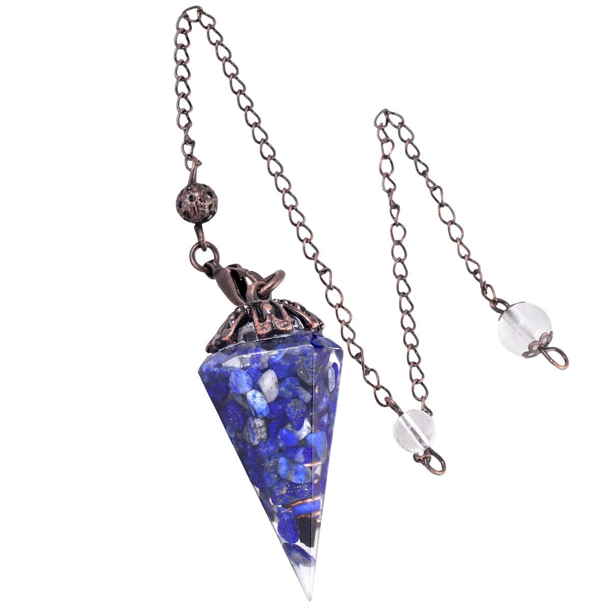 Nupuyai Lapis Lazuli Vintage Crystal Point Dowsing Pendulum for Divination Scrying, Healing Faceted Hexagonal Resin Chip Stone Pendulum with Chain