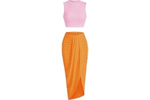 ZAFUL Women's Casual Sleeveless Summer Two Piece Outfits Crop Top and Side Split Draped Ruched Maxi Skirt Set Solid Suiting