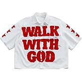 GORGLITTER Men's Cropped Shirt Button Up Collared Y2k Graphic Short Sleeve Oversized Rave Boxy Going Out Streetwear