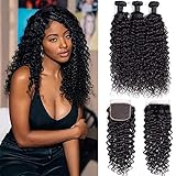 9A Brazilian Virgin Curly Wave Human Hair 3 Bundles with Lace Closure Free Part 100% Unprocessed Brazilian Jerry Curly Hair Weave Bundles with 4x4 Lace Closure Natural Black Color (10