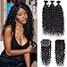 9A Brazilian Virgin Curly Wave Human Hair 3 Bundles with Lace Closure Free Part 100% Unprocessed Brazilian Jerry Curly Hair Weave Bundles with 4x4 Lace Closure Natural Black Color (10