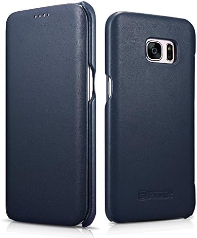 Galaxy S7 Edge Genuine Leather Case, [Luxury Series] Premium Cowhide Leather Handmade Slim [Side open] Flip Folio Protective Case Cover for Samsung Galaxy S7 Edge (Blue)