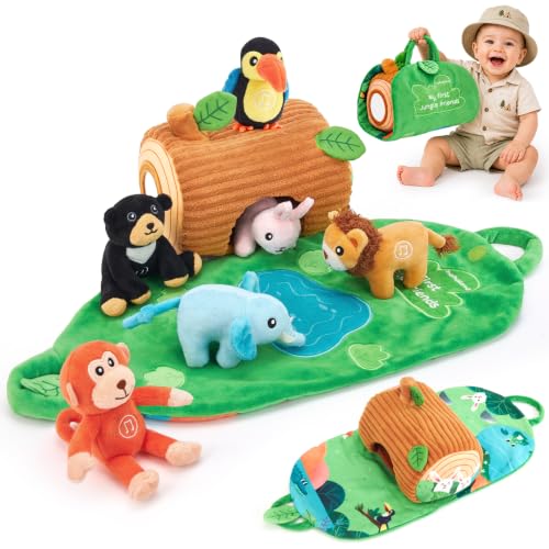 hahaland Jouet Bébé 6 Mois, Animaux Jungle en Peluche avec Sons & Mots, Coffret Maison Arbre 8 Pièces avec 6 Animaux Sonores, Tapis Sensoriel, Jouet Montessori Bébé 6-12 Mois Cadeau Bébé 1 an