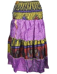 Women's 2 in 1 Skirts Patchwork Ruched Waist Purple Sari Boho Chic