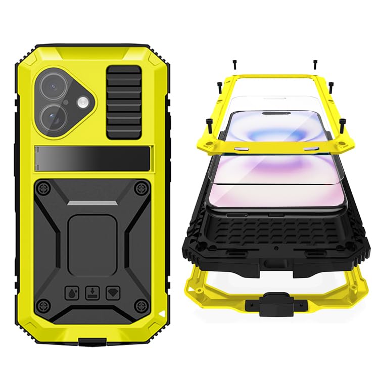 Simicoo for iPhone 17 Air Metal Military Heavy Duty Case, Metal Bumper Silicone Shockproof Dustproof Rugged Tough with Stand Screen Protector Camera Control Full Body Drop Protective Cover (Yellow)