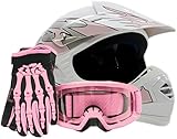Youth Kids Offroad Gear Combo Helmet Gloves Goggles DOT Motocross ATV Dirt Bike MX Motorcycle Pink - XL