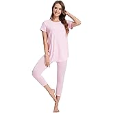WiWi Women's Pajama Set Viscose from Bamboo Short Sleeve Tunic Top Capri Leggings Cooling Sleepwear Super Soft Pjs S-XXL
