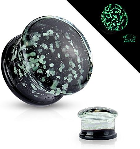 1/2GA - Pyrex Glass Double Flare Plug w/ Glow in the Dark Sparkles - Sold Individually