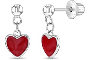 IN SEASON JEWELRY 925 Sterling Silver Lovely Enamel Heart Dangle Earrings With Safety Screw Back - Best for Toddlers, Young Girls, Pre Teens & Teens - Fantastic Gift for Birthdays or Valentines Day