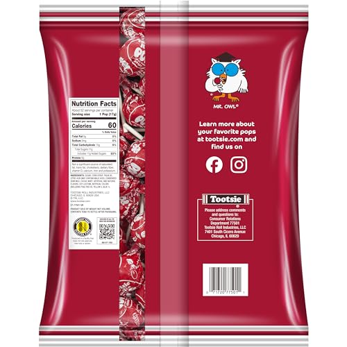 TOOTSIE POPS SINGLE FLAVOR BAG – CHERRY FLAVORED LOLLIPOPS WITH CHOCOLATEY CENTER – INDIVIDUALLY WRAPPED HARD CANDY – RED CANDY – PEANUT FREE, GLUTEN FREE, 50 COUNT (PACK OF 1)