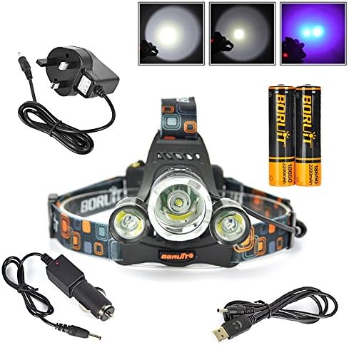 Boruit RJ-3000 LED Headlamp with Purple UV Light - 5000 Lumens Purple Ultraviolet Headlights - Glow in Dark Background Lighting Head Lamp -Detect Fake Money / Jewelry - Pet UV Urine & Spot Detector-Find Fluorescent Agent on Clothes
