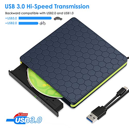 Kingbox External DVD Drive, USB 3.0 Type-C Portable CD/DVD /-RW Optical Drive Slim DVD/CD ROM Burner Writer High Speed Data Transfer Compatible with Laptop Desktop PC Windows Linux Apple Mac OS (Blue)