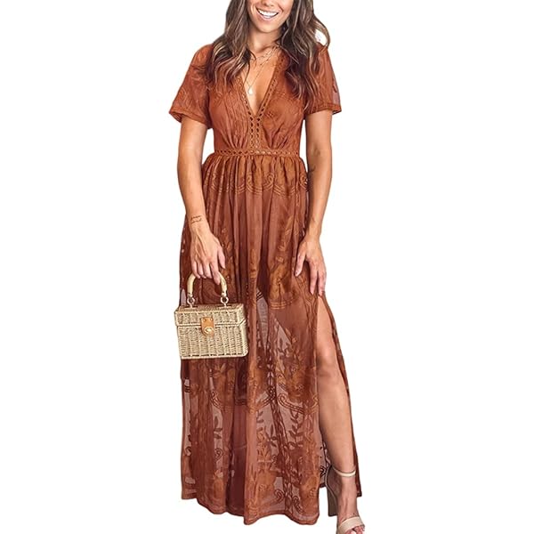 Eleter Women's Deep V-Neck Lace Romper Short Sleeve Long Dress (X-Large,  Wine Red) : Amazon.ca: Clothing, Shoes & Accessories