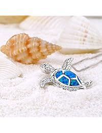 Victoria Jewelry - Collar con colgante de tortuga de mar de ópalo azul de plata fina 925, 18.0 pulgadas, piedra natal para mujer (azul)