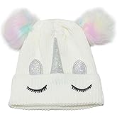 Kids Girls Toddlers Unicorn Winter Beanie Hat Flower Warm Knitted Ear Cap with Gold Horn