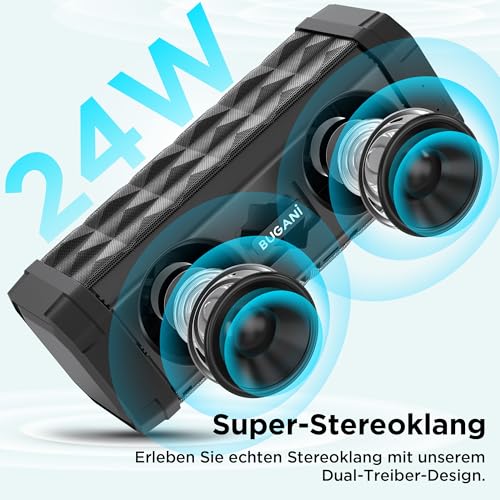 BUGANI Portable Bluetooth Speaker 5.4 Bluetooth Speaker 30H Autonomy | 24W Bluetooth Speakers, IPX5 Waterproof Bluetooth Speaker, TWS Pairing, USB, AUX, Party/Travel/Outdoor