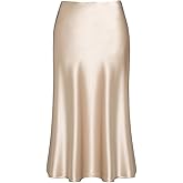 Basoteeuo Midi Skirts for Women High Waist Satin Summer Casual Sexy Midi Length Elastic Skirt