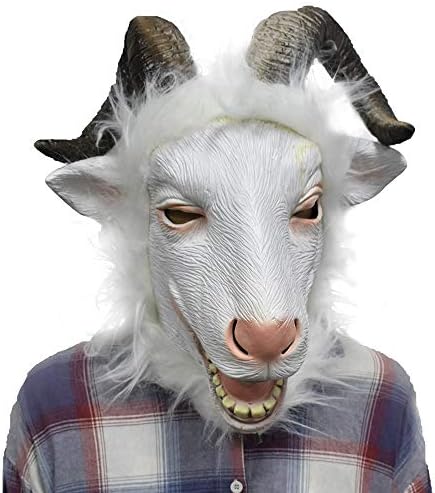 Latex Goat Mask with Horns Ram Aniaml Head Adult Halloween Costume Face Disguise White