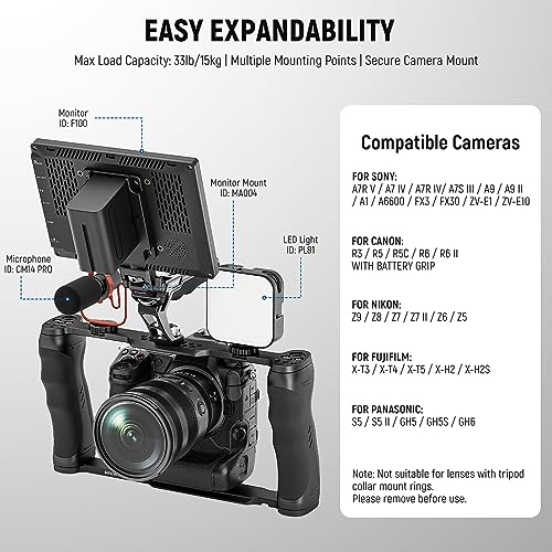 NEEWER Universal Camera Cage & Top Handle with 3/8" ARRI Locating Pins Kit, Video Rig Camera Stabilizer with Arca Type Base, Dual Handgrips, Compatible with SmallRig Accessories, CA016T